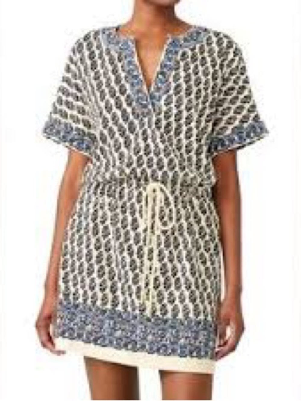 Tory Burch Gury Border Amora Blue and Cream Printed Short Dress - Picture 1 of 3